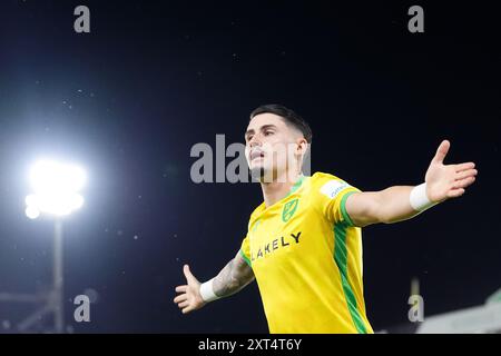 Il Borja Sainz del Norwich City celebra il terzo gol della squadra durante la partita del primo turno della Carabao Cup a Carrow Road, Norwich. Data foto: Martedì 13 agosto 2024. Foto Stock