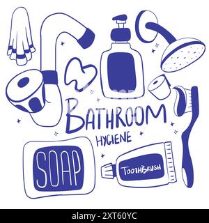 Vettore di scarabocchi in bagno. prodotti da bagno disegnati a mano vettoriale. lavabo igienico per il bagno Illustrazione Vettoriale