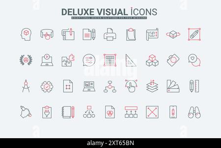 Progetto artistico, strumenti di designer e idee di icone di linee di contenuti digitali per foto e video. Grafica e grafica, impostazioni e opzioni dell'app, illustrazione vettoriale con simboli di contorno neri e rossi sottili Illustrazione Vettoriale