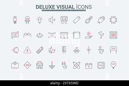 Set di icone della linea componenti elettronici, parti e apparecchiature per elettricisti. Elementi hardware e circuito, dispositivo per misurare la tensione e la corrente sottili simboli di contorno neri e rossi illustrazione vettoriale Illustrazione Vettoriale