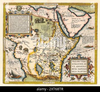 Mappa pittorica d'epoca. "A Description of the Empire of Prester John, vale a dire, of the Abysinians”, che mostra la parte settentrionale dell'Africa. Di Abramo Ortelio 1564 Foto Stock