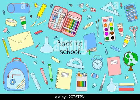 Set di elementi Back to School in stile doodle per banner, poster, tag, adesivi o scrapbooking, illustrazioni vettoriali Illustrazione Vettoriale