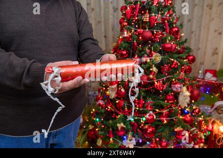 Una persona sta tenendo in mano un regalo festivo con un nastro verde davanti a un albero di Natale decorato in modo luminoso adornato con ornamenti e luci rosse Foto Stock