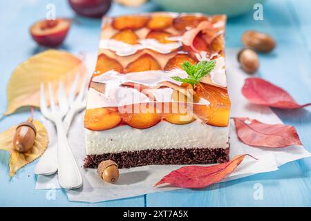 Dolce e gustosa torta di spugne di prugna fatta di panna, cioccolato e frutta. Torta di gelatina di frutta autunnale . Foto Stock