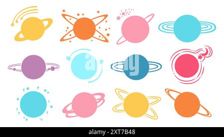 Set di sagome dei cartoni animati di Planets. Astratti pianeti dalla forma colorata della galassia. Fantastico cosmo, collezione spazio celeste contorno sfere ombra pianeti arte. Illustrazione isolata del design vettoriale Illustrazione Vettoriale