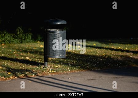 Cestino vuoto, strada, metallo, sacco per rifiuti, bianco, verde, parco, miglioramento della città, raccolta rifiuti e rifiuti, Europa, Francia Foto Stock