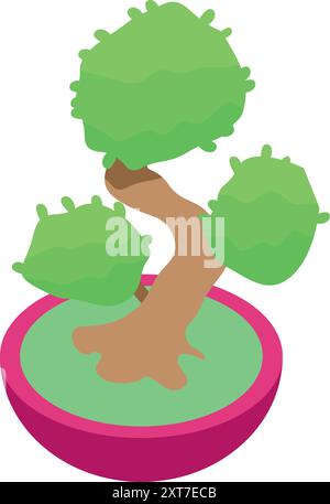 Albero bonsai in un vaso rotondo con un tronco curvo che cresce foglie verdi Illustrazione Vettoriale