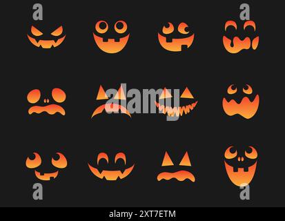 Set di volti mostro spaventosi. Jack o Lantern Face Halloween Pumpkin Icon Collection. Illustrazione Vettoriale