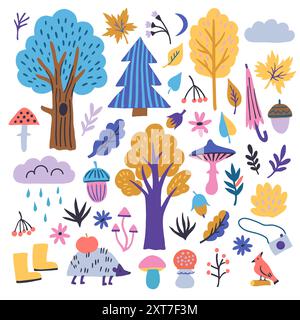 Foresta autunnale grazioso colorato disegno moderno. Grande set di elementi di design per scarabocchi. Illustrazione Vettoriale