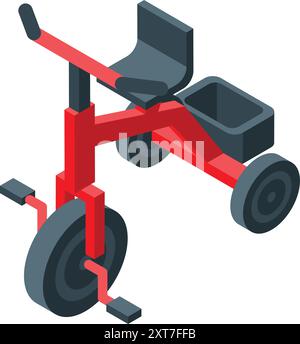 Triciciclo per bambini rossi con vista isometrica scatolata isolata su sfondo bianco Illustrazione Vettoriale