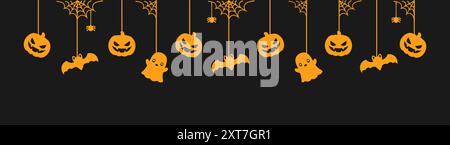 Buon striscione di Halloween o bordo con pipistrelli luccicanti, fantasmi e zucche jack o lanterne. Appendere ornamenti spettrali decorazione vettoriale illustrazione, trucco Illustrazione Vettoriale