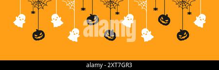 Buon striscione di Halloween o confine con zucche fantasma e jack o lanterna. Appendere decorazioni di ornamenti spettrali illustrazione vettoriale, scherzo o festa Illustrazione Vettoriale