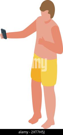 Giovane uomo che indossa un costume da bagno e scatta un selfie con il suo smartphone Illustrazione Vettoriale