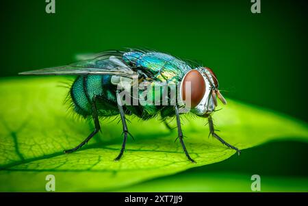 Scatto estremo una bottiglia verde comune vola su una foglia e sfondo naturale. Foto Stock