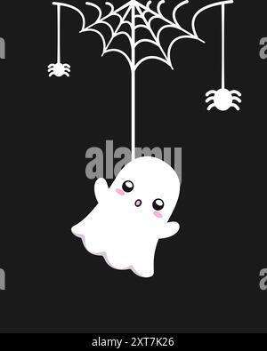 Cute Ghost appeso a un fumetto Spider Web, Happy Halloween Spooky Ornaments Decoration Vector illustrazione Illustrazione Vettoriale