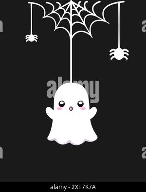 Cute Ghost appeso a un fumetto Spider Web, Happy Halloween Spooky Ornaments Decoration Vector illustrazione Illustrazione Vettoriale