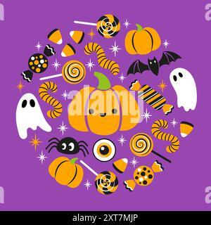Illustrazione di simpatiche zucche, dolci e fantasmi per il disegno di Halloween Illustrazione Vettoriale