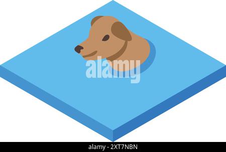 La simpatica testa di cane sta nuotando felicemente in acqua blu in questa illustrazione vettoriale isometrica Illustrazione Vettoriale