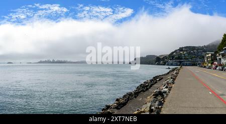 Una mattinata nebbiosa lungo la costa di Sausalito con lo skyline di San Francisco appena visibile in lontananza Foto Stock