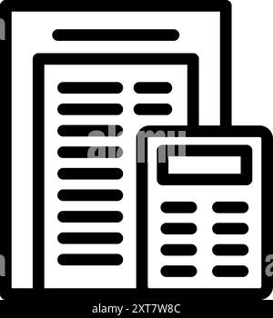 Icona con contorno nero che rappresenta il concetto di calcolo delle tasse con un calcolatore e fatture Illustrazione Vettoriale