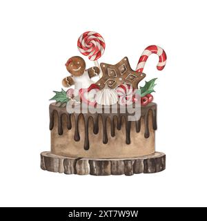 Tapis roulant natalizi, torta, cupcake, meringa lecca caramella dolce, piedistallo in legno. L'illustrazione è disegnata a mano in acquerello su sfondo bianco. Per Foto Stock