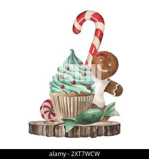 Piedistallo in legno, cupcake, pan di zenzero, lecca lecca, caramelle, dolci di Natale. L'illustrazione è dipinta ad acquerello su sfondo bianco. Per le vacanze Foto Stock