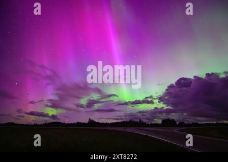 Aurora boreale o aurora boreale osservata in Estonia 12.08.2024 Saaremaa durante una forte tempesta solare. Colori e motivi naturali incredibili in Starry Night Foto Stock
