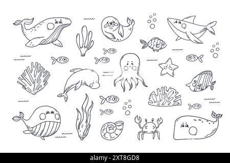 Set di doodle a mano sulla scogliera degli animali acquatici dell'oceano. Divertenti mammiferi sottomarini diverse specie di balene, squali, foche, delfini, polpi, granchio e pesci Illustrazione Vettoriale