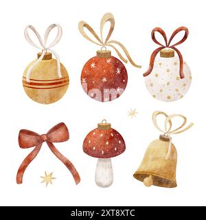 Palle di Natale, stelle isolate. Illustrazioni acquerello di Capodanno per biglietti, poster, piatti, inviti, adesivi Foto Stock