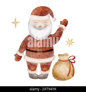 Babbo Natale con una borsa. Illustrazione acquerello per Natale, Capodanno, invito, cartolina, poster, modello Foto Stock