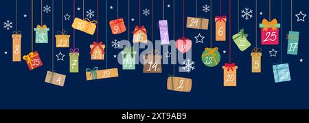 Calendario dell'avvento natalizio regali scatole vacanza garland. Vector Festive Countdown Tradition, con 25 scatole regalo numerate, per anticipare il giorno di Natale in una deliziosa mostra stagionale Illustrazione Vettoriale