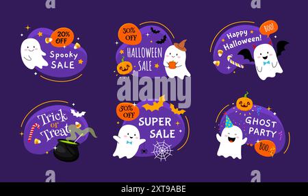 Fantasmi kawaii di Halloween, personaggi delle festività su cornici amoeba Blobs sale. Saldi per la stagione di Halloween, sfondo vettoriale delle feste natalizie, cornice o adesivo con personaggi fantasmi divertenti, calderone delle streghe e pipistrelli Illustrazione Vettoriale