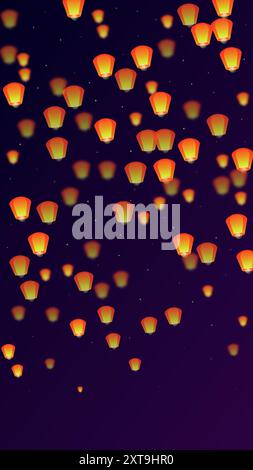 Lanterne che fluttuano nel cielo notturno. Vacanze in Thailandia con lanterne di carta che volano nel cielo notturno. Celebrazioni per il festival delle lanterne. Illustrazione vettoriale su sfondo sfumato viola. Illustrazione Vettoriale