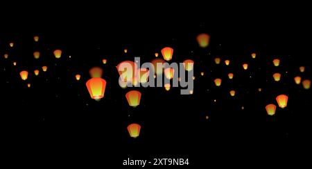 Lanterne che fluttuano nel cielo notturno. Vacanze in Thailandia con lanterne di carta che volano nel cielo notturno. Celebrazioni per il festival delle lanterne. Illustrazione vettoriale su sfondo nero. Illustrazione Vettoriale
