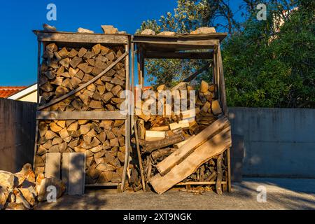 I rami di legno e di cartone tagliati e impilati per l'inverno come carburante per la stufa Foto Stock