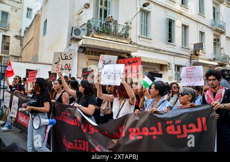 Tunisi, Tunisia. 13 agosto 2024. Tunisi, Tunisia. 13 agosto 2024. Le donne scendono in piazza a Tunisi alzando striscioni e gridando slogan contro la repressione politica in occasione della giornata nazionale della donna. La manifestazione è stata organizzata da gruppi femministi indipendenti tunisini per chiedere il rilascio immediato di tutte le donne imprigionate per le loro attività nella sfera pubblica. La Tunisia celebra la giornata nazionale della donna ogni anno il 13 agosto (Credit Image: © Hasan mrad/IMAGESLIVE via ZUMA Press Wire) SOLO PER USO EDITORIALE! Non per USO commerciale! Foto Stock