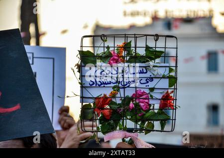 Tunisi, Tunisia. 13 agosto 2024. Tunisi, Tunisia. 13 agosto 2024. Le donne scendono in piazza a Tunisi alzando striscioni e gridando slogan contro la repressione politica in occasione della giornata nazionale della donna. La manifestazione è stata organizzata da gruppi femministi indipendenti tunisini per chiedere il rilascio immediato di tutte le donne imprigionate per le loro attività nella sfera pubblica. La Tunisia celebra la giornata nazionale della donna ogni anno il 13 agosto (Credit Image: © Hasan mrad/IMAGESLIVE via ZUMA Press Wire) SOLO PER USO EDITORIALE! Non per USO commerciale! Foto Stock