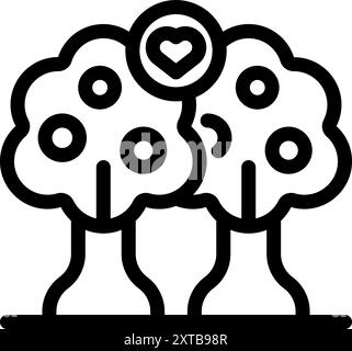 Questa semplice icona presenta due alberi che crescono fianco a fianco con un cuore sopra di loro, che rappresentano l'amore, la collaborazione e la crescita Illustrazione Vettoriale