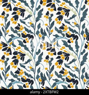 Moderno motivo blockprint in tessuto stampato con fiori selvatici e texture in lino. Motivi floreali boho scuri disegnati a mano stilizzati per elementi di design decorativi Foto Stock