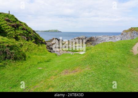 In un'ex cava di calcare abbandonata sulle rive rocciose di Cameas Bay, Anglesey. Foto Stock