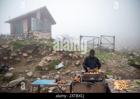 Peer Ki Gali, India, 14/08/2024, Un uomo del Kashmir che vende grani di mais in mezzo a una fitta nebbia vicino al passo PIR Panjal, chiamato anche Peer Ki Gali, a circa 100 km a sud di Srinagar, la capitale estiva di Jammu e Kashmir. Il passo PIR Panjal è un passo di montagna e una destinazione turistica situata nella catena PIR Panjal di Jammu e Kashmir, che collega la valle del Kashmir ai distretti di Rajouri e Punch tramite Mughal Road. È il punto più alto della strada Mughal a 3.490 metri sul livello del mare. Mughal Road, come suggerisce il nome, è stata storicamente creata e utilizzata dagli imperatori moghul. Era la strada che percorreva Foto Stock