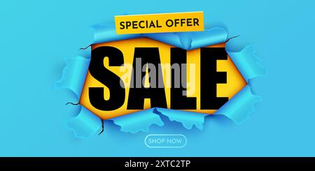 Carta strappata gialla. Vendita. Banner Mega sale. Illustrazione vettoriale. Illustrazione Vettoriale