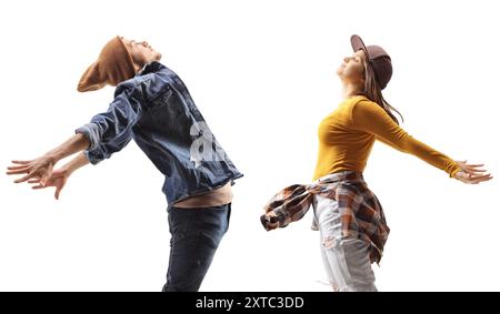 Foto del profilo di un giovane uomo e di una donna che saltano isolati su sfondo bianco Foto Stock