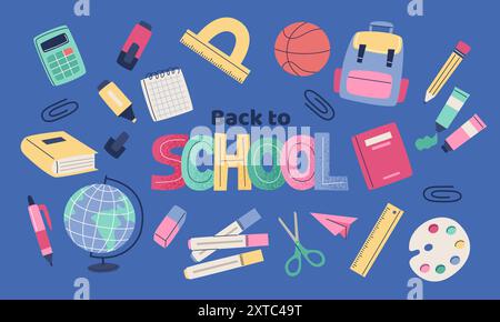 Elementi scolastici per bambini con scritte. Set di materiale scolastico e testo disegnato a mano. Illustrazione vettoriale in stile piatto Illustrazione Vettoriale