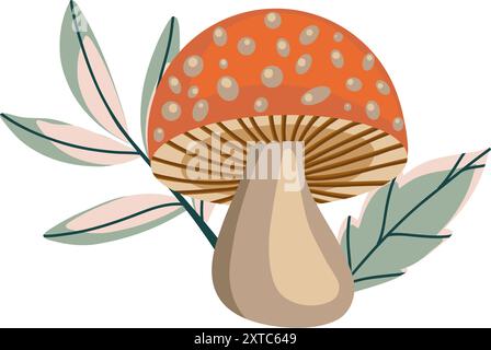 Illustrazione del festival del raccolto. Illustrazione vettoriale di funghi fantasiosi con foglie. Composizione in stile piatto. Oggetti stilizzati Illustrazione Vettoriale