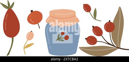 Bacche di diverse forme e colori con vasetto di marmellata. Illustrazione vettoriale in stile piatto. Elementi per il design autunnale per il festival del raccolto, il cibo Illustrazione Vettoriale