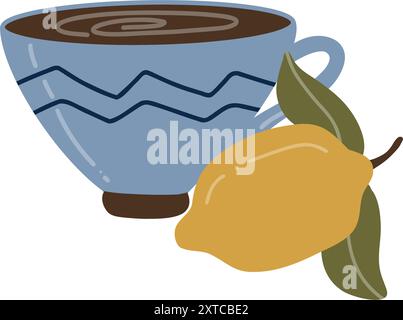 Un'illustrazione vettoriale minimalista di un tè blu riempito con una bevanda calda con un limone giallo e foglie verdi. Il design semplice e piatto è perfetto Illustrazione Vettoriale