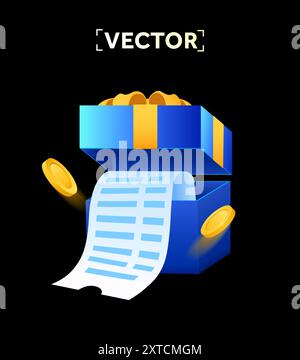 fattura o ricevuta 3d in uscita da una confezione regalo, con monete dorate, isolata su sfondo scuro. Shopping online con regalo e cashback. illustrazione vettoriale 3d. Illustrazione vettoriale Illustrazione Vettoriale