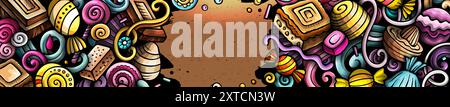 Modello di banner Cartoon Vector Doodle Candies. Divertente Sweet food, sfondo colorato Illustrazione Vettoriale