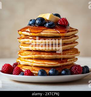 Deliziosa pila di pancake con frutti di bosco freschi e sciroppo, fotografia gastronomica, dolce dessert Foto Stock